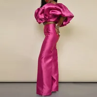 Couture Fuchsia 2 Pieces Women Sets Formal Party Dress Draped Short Women Top And Loose Long Pant 1