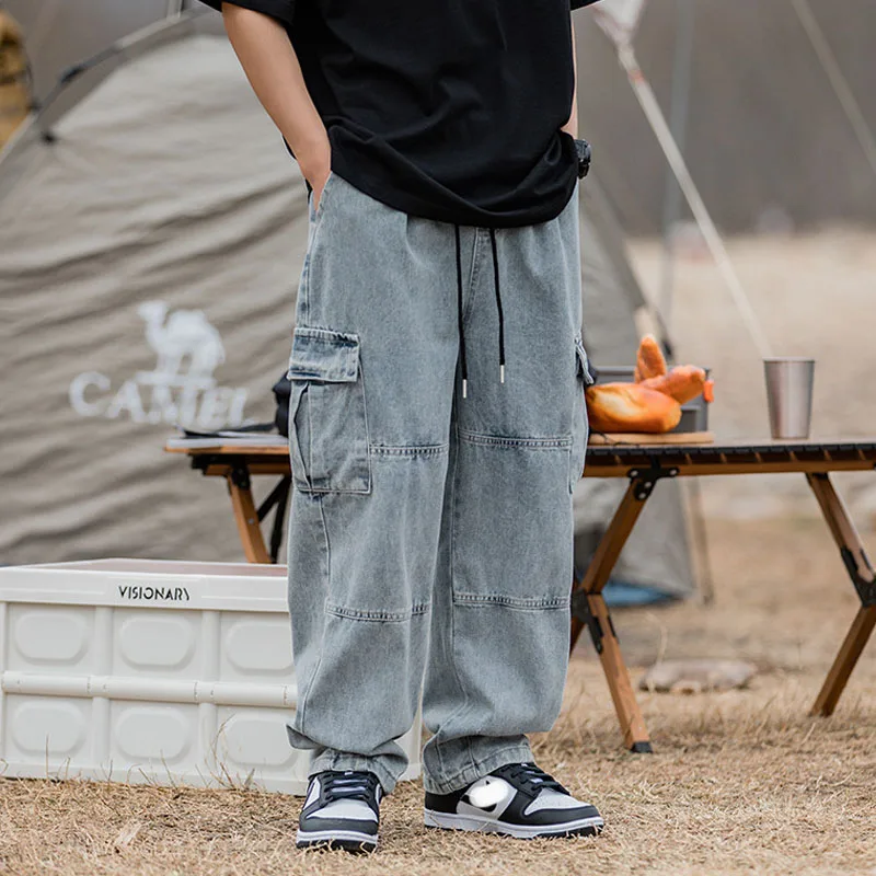 Men's HipHop Drawstring Pocket Jeans Baggy Y2K Wide Leg Denim Cargo Pants Streetwear Sweatpants Trousers Harajuk Pants For Men