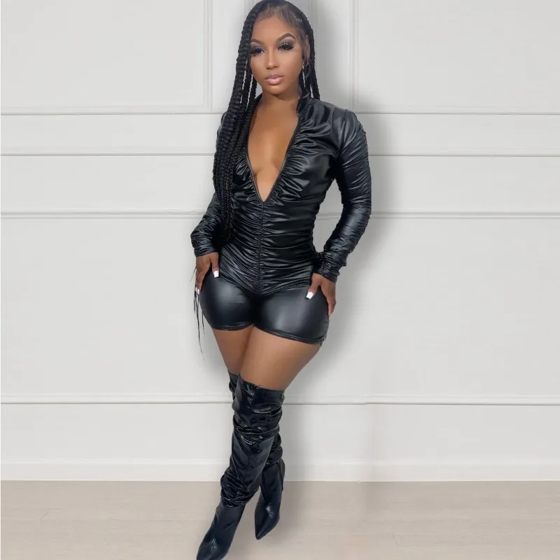 

2023 Spring Summer New Women's Solid Color Deep V-neck Pleated High Elastic Leather Jumpsuit One-Piece Shorts
