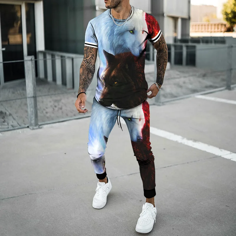 2023 Fashion Suit Summer Men's Sportswear Urban Men's Animal 3D Printed Short Sleeve T-shirt Trousers 2 Sets Casual Oversized