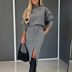 Elegant Women Knitted Skirt Two Piece Set Chic Commute Office Outfits Lady Solid Turtleneck Top And Slim Slit Pocket Skirt Suits