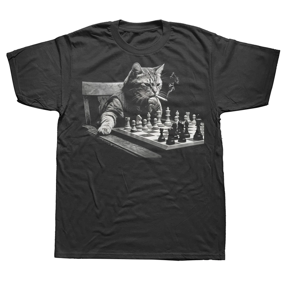 Chess Cat Smoking Graphic Unisex Cotton T-Shirt - Oversized Streetwear Hip Hop Fashion