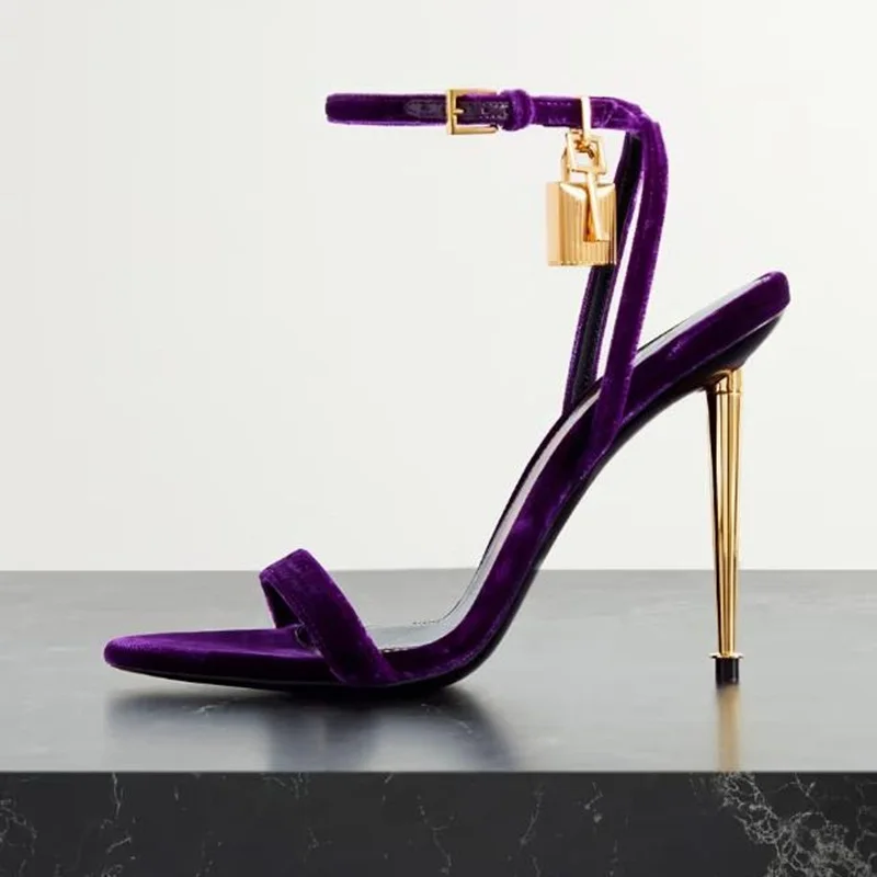 

Sexy Padlock Velvet Sandals Purple Red Black Golden Metal Stiletto Heel Sandals Ankle Strap Bride Banquet Party Shoe