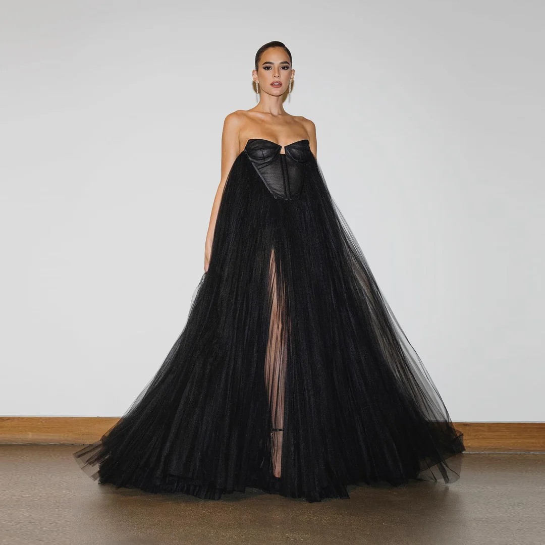 

Modest Black Pleated Tulle Draped Evening Dresses Strapless High Slit Illusion Formal Dress Floor Length Long Maxi Dress Women