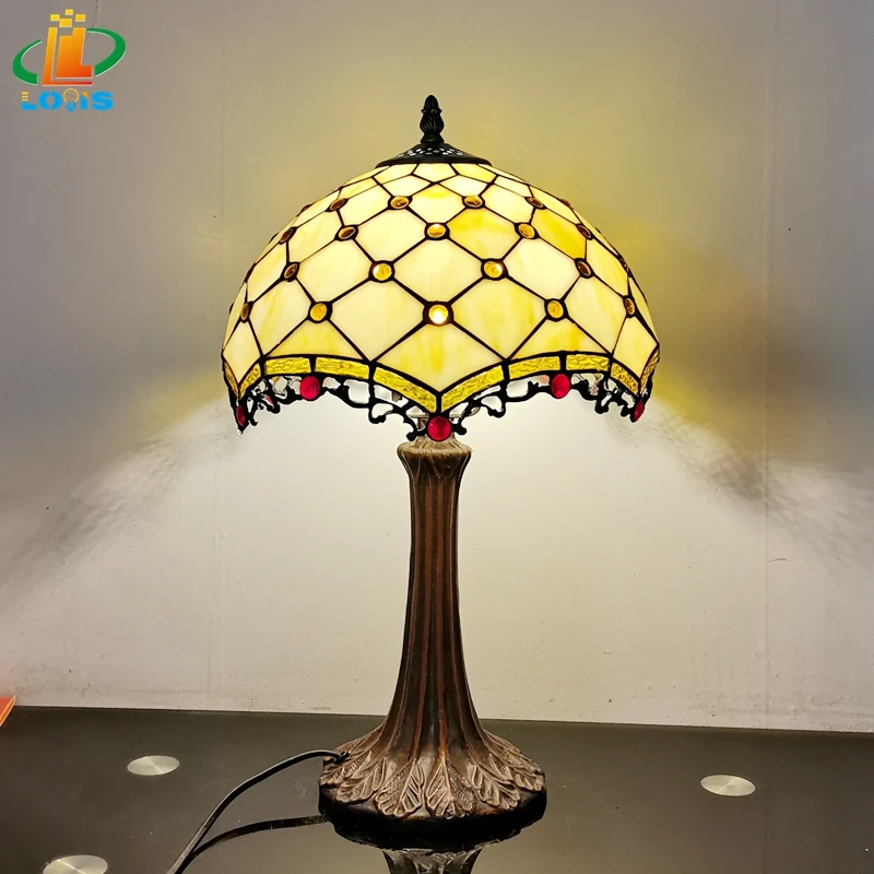 

30CM Beige Bead Table Lamp Tiffany Style European Retro Glass Dining Study Reading Bedside Lamp Simple Gift 220V E27 Metal Base