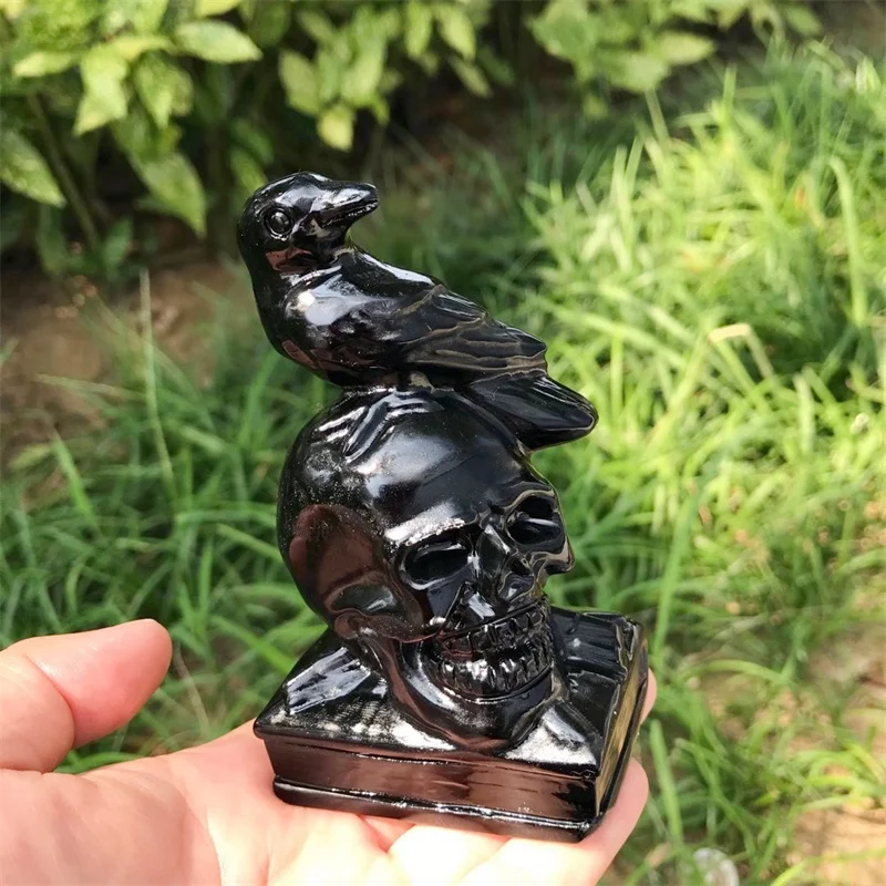 10.5CM Natural Black Obsidian Crow Skull Carving Wicca Decor Carved Raven Figurine Healing Quartz Halloween Gift 1pcs 3