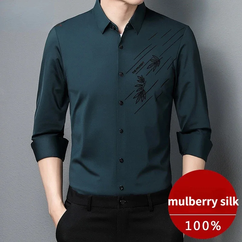 

2024 New Spring Men Clothing Mulberry Silk Shirts Long-sleeve Social Shirt Business Casual Seamless Summer Clothes for