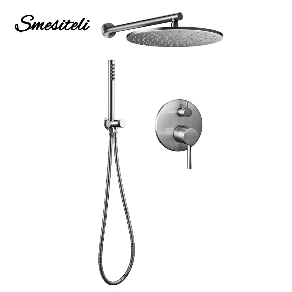 Brushed Stainless Steel Brass Built Installation Rain Shower Head Hand Sprayer Two-Function Hot Cold Mixing Bathroom Faucet