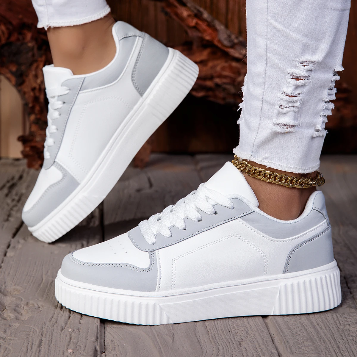 ZERJER Unisex Sneakers, New Arrival Large Size Classic Retro Men's Sports Skate Shoes, White Thick-Soled Tennis Shoes, Solid Col 6