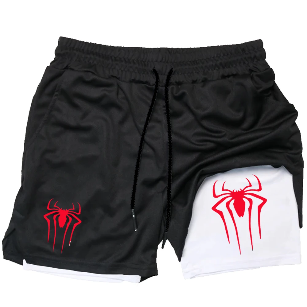 Y2K Performance Shorts Men Spider Printed GYM Casual Sports Compression Shorts Workout Running Mesh 2 In 1 Sport Short Pants 2