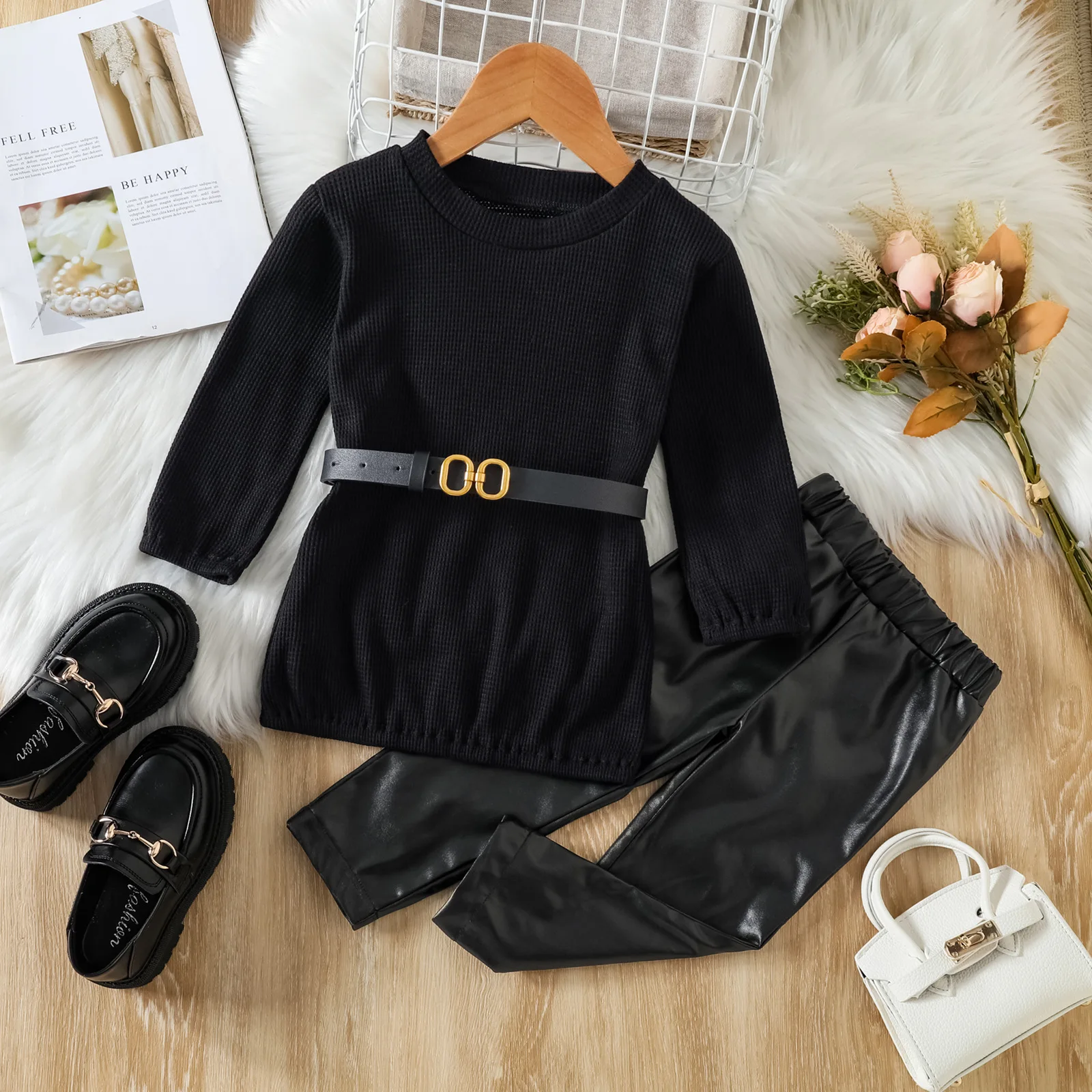 

Elegant Fashion Kids Girls Clothes Set Long Sleeve Ribbed Blouse T Shirt Tops with Belt + Pu Leather Long Pants 2Pcs Girls Suit