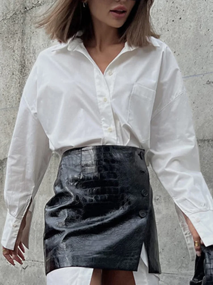 White Shirt Leather Skirt Sets Women Fashion Loose Long Sleeve Patchwork High Wasit Solid Office Lady Style Summer New