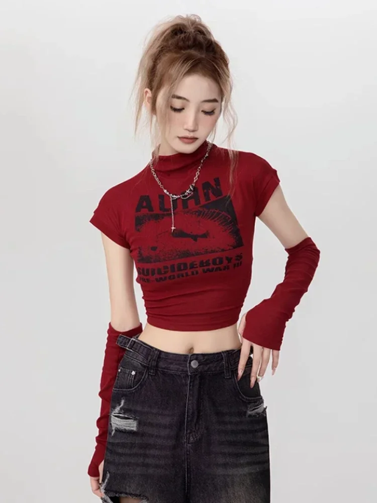 NO ROMANCE y2k トップス HOUZHOU Y2k Red Tops for Women Vintage 2000s Aesthetic Kpop