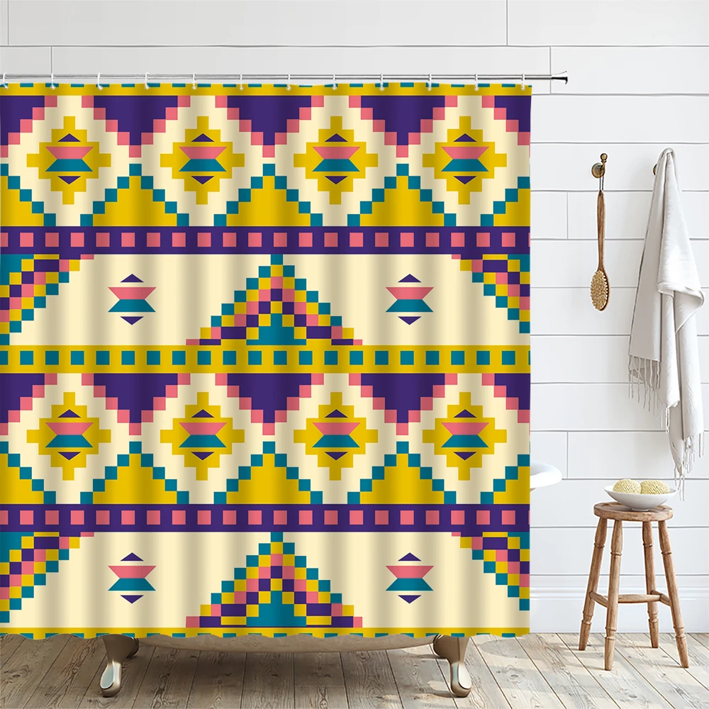 Aztec Shower Curtain for Bathroom Southwestern Native Tribal Ethnic Abstract Triangular Geometric Vintage Boho Bath Curtains Set