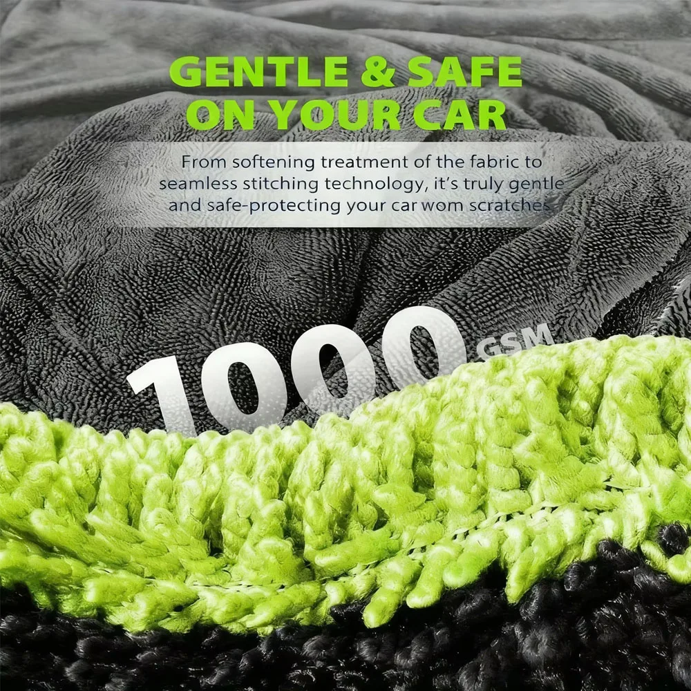 1000GSM 풀사이즈 SUV 트럭 건조 타월, 양면 마이크로파이버, 트위스트 원사 기술, 높은 흡수력 및 스크래치 방지