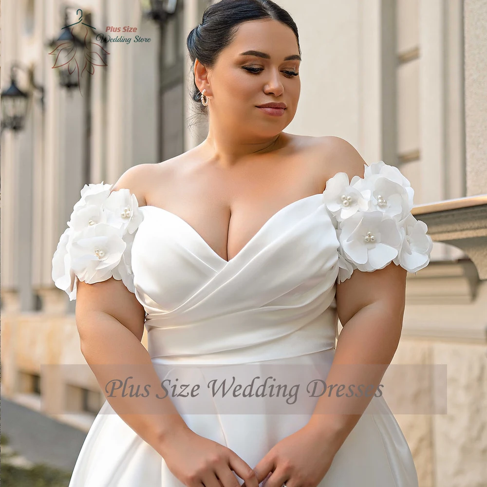 ElegantCustomized Satin Wedding Dresses Plus Size Sweetheart Bride Gowns Flowers Sweep Train Front Slit A-Line Robe De Mariee 3
