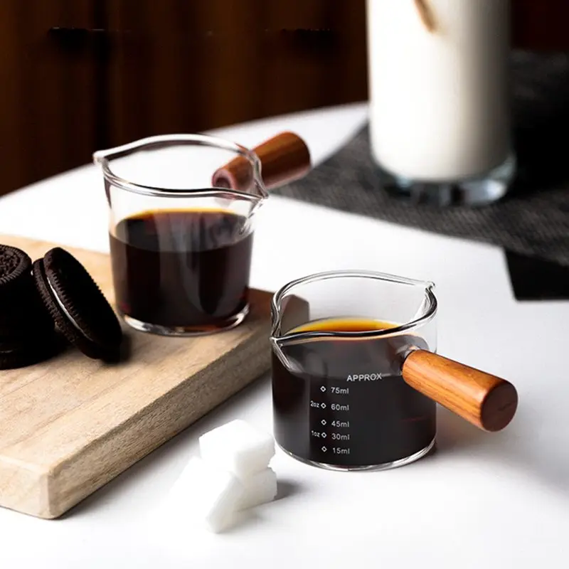 Wood Handle Glass Espresso Measuring Cup Double Single Mouth Milk Jug Heat-resisting Coffee Shot Glass Scale Measure Mugs measuring cup coffee extraction cup