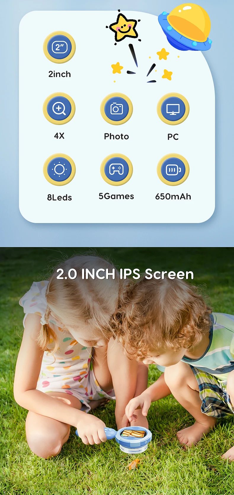 Digital Microscope with 2inch IPS Screen 100X Pocket Magnifying Glass with Light