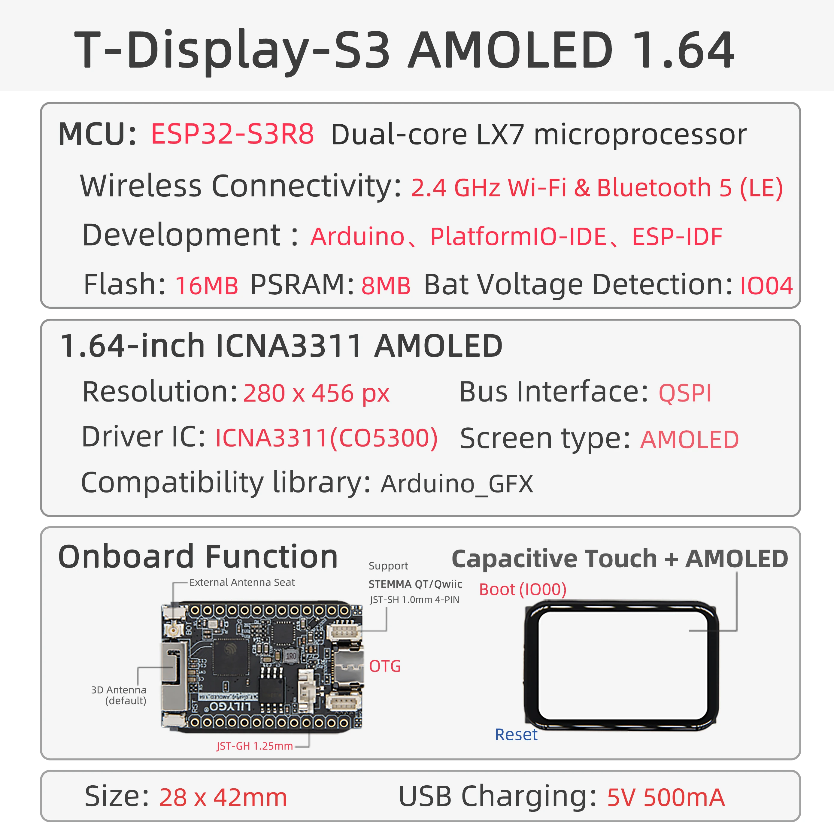 ® T-Display-S3 ESP32-S3 AMOLED 1.64-inch ICNA3311 Touch Display Screen Flash-16M