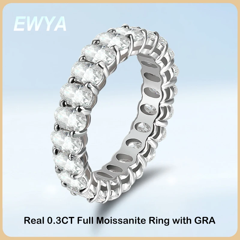 

EWYA New In D Color GRA Certified Oval Cut 0.3CT Full Eternity Moissanite Rings for Women S925 Silver Diamond Ring Wedding Band