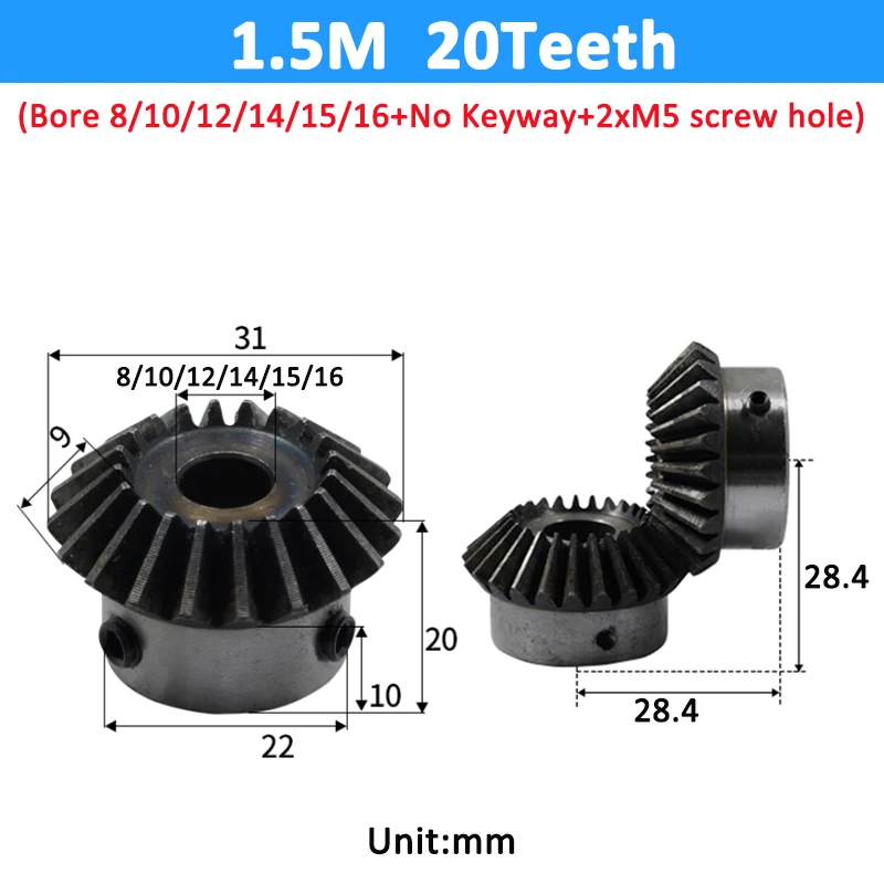 Electric Bike Gear Motor Gear Transmission Gear 1pc Bevel Gear 1.5M 12/16/18/20/25 Teeth Bore 6/8/10/12/14/15/16mm 90 Degrees Meshing Angle Steel Gears Screw M5 No Keyway