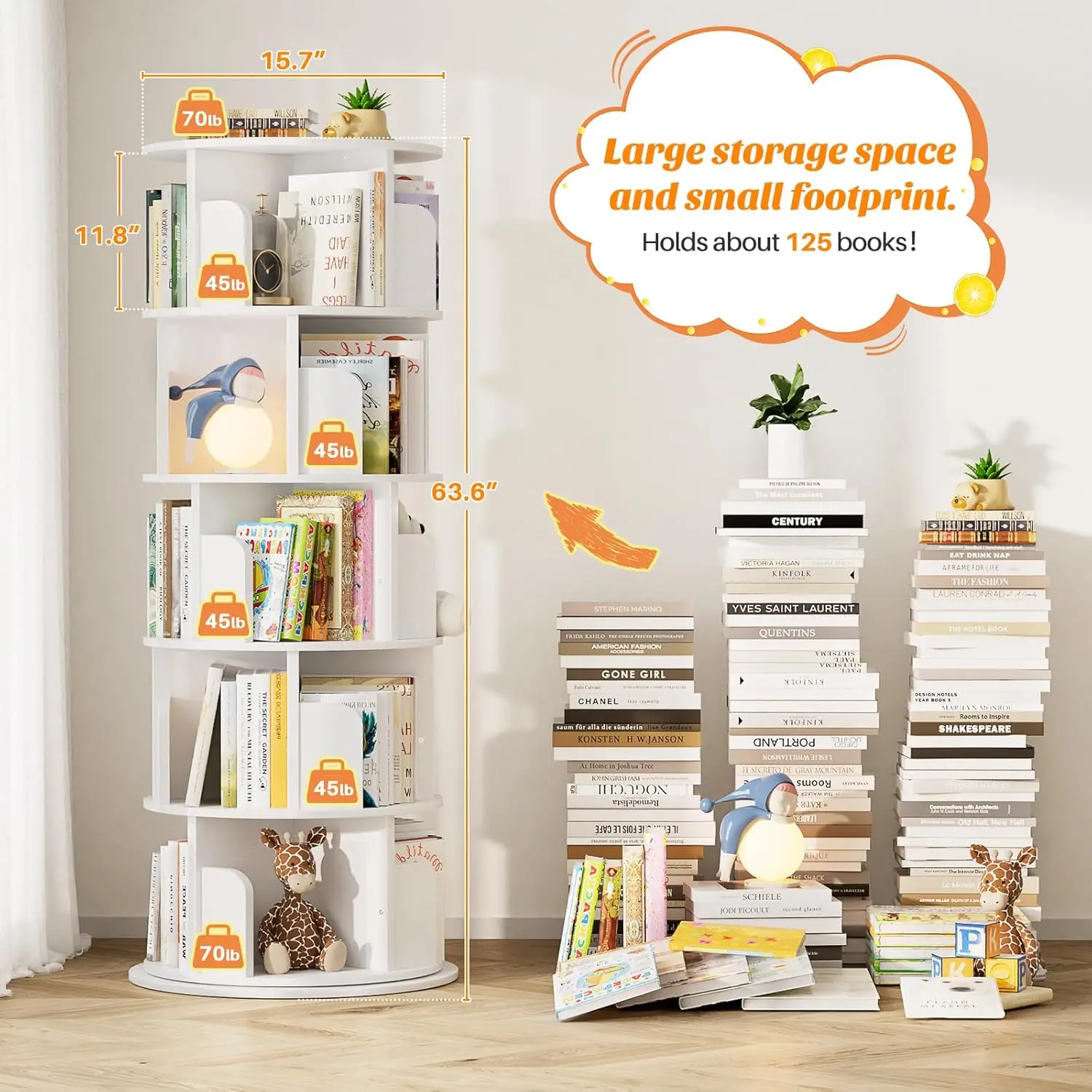 Rotating bookshelf, 360 display wooden rotating bookshelf tower, 5 floor standing bookshelf storage shelf, bedroom, study