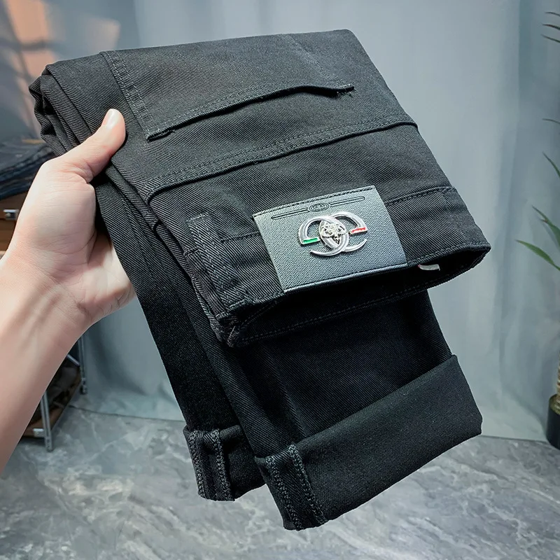 2024Spring and Summer New Pure Black Jeans Men's High-End Simple All-Match Casual Light Luxury Trendy Slim Fit Skinny Pants