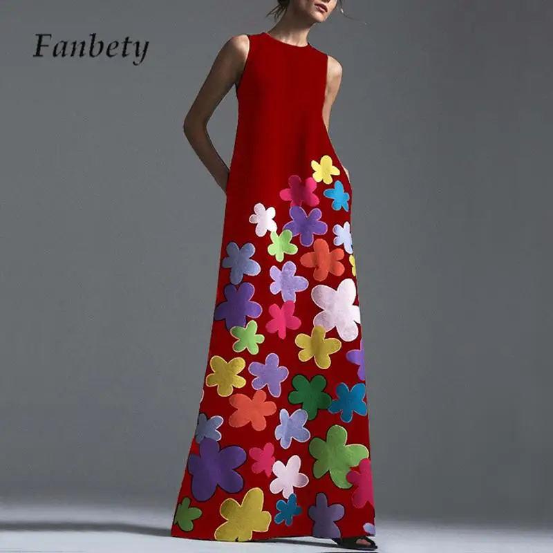 

2024 Fashion O Neck Sleeveless Long Dress Casual Flower Print Loose Women's Dress Summer Holiday Street Ladies Temperament Dress