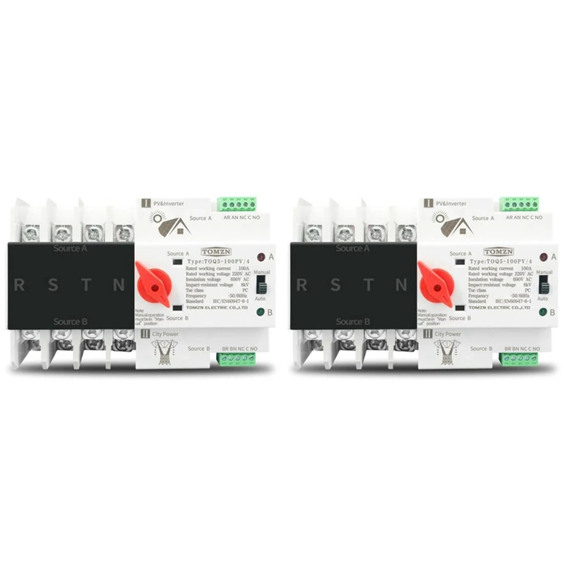 

2X Din Rail 4P ATS Dual Power Automatic Transfer Switch Electrical Selector Switches Uninterrupted Power 100A