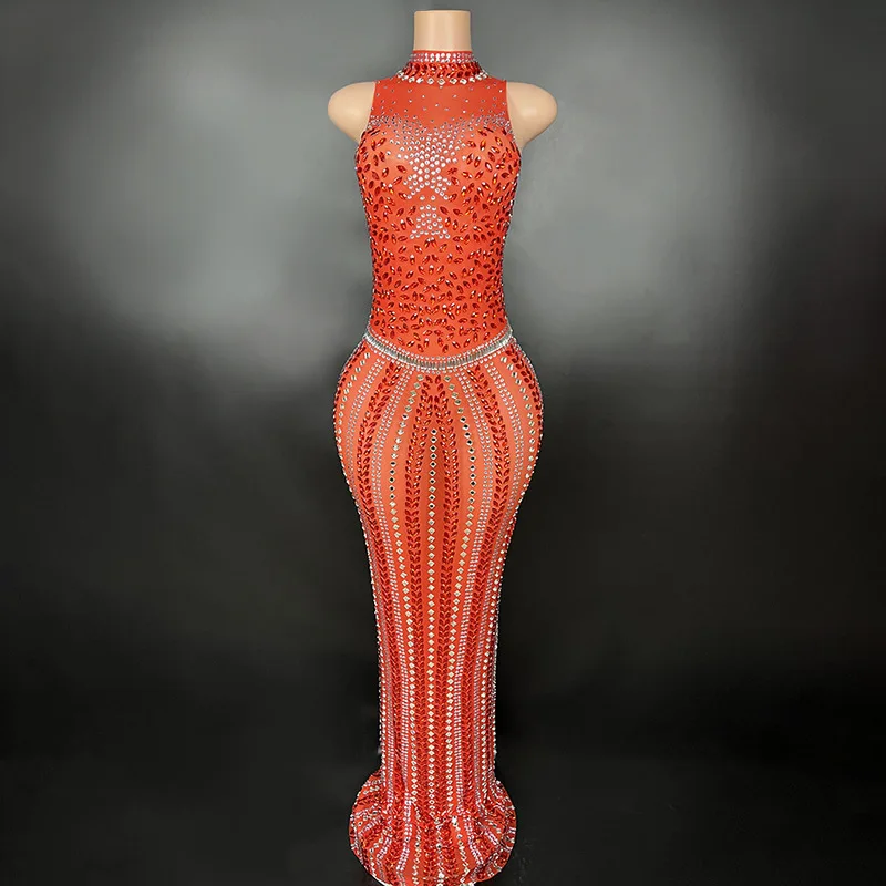 

Luxurious Rhinestones Mesh Transparent Sleeveless Long Dress for Women Sexy Birthday Celebrate Evening Prom Dresses