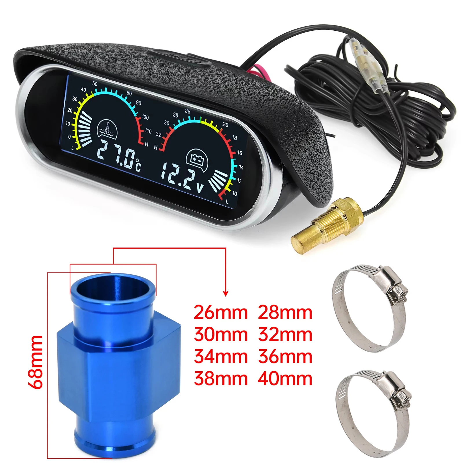 2 in 1 LCD 디지털 자동차 트럭 게이지 수온계 전압계 (1/8 NPT 온도 센..