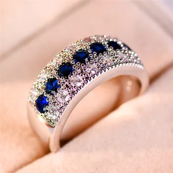Crystal Female Small Blue Round Zircon Stone Ring Silver Color Wedding Engagement Jewelry For Women