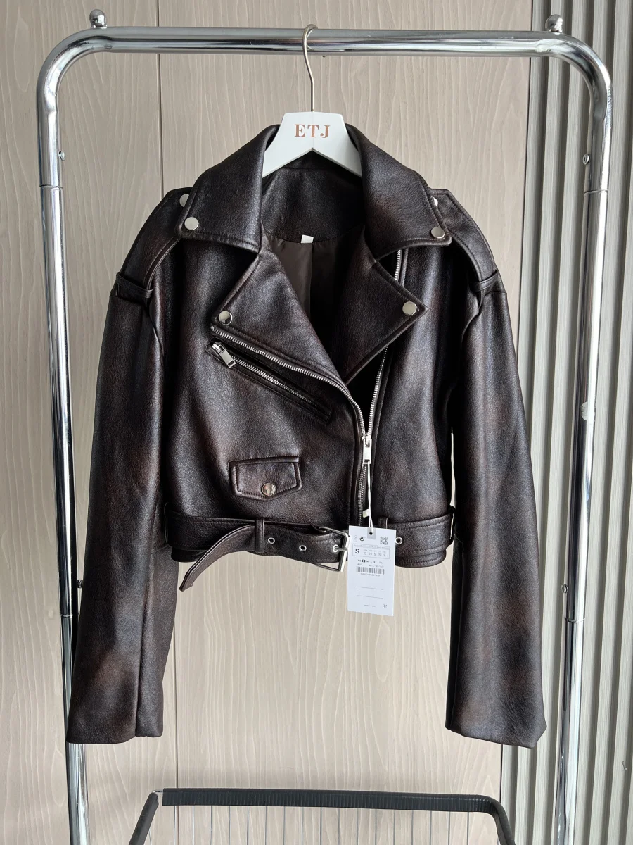 ETJ 2025 automne/hiver nouveautés veste de motard en Faux cuir pour femmes manteau court sans col à manches longues 3046325