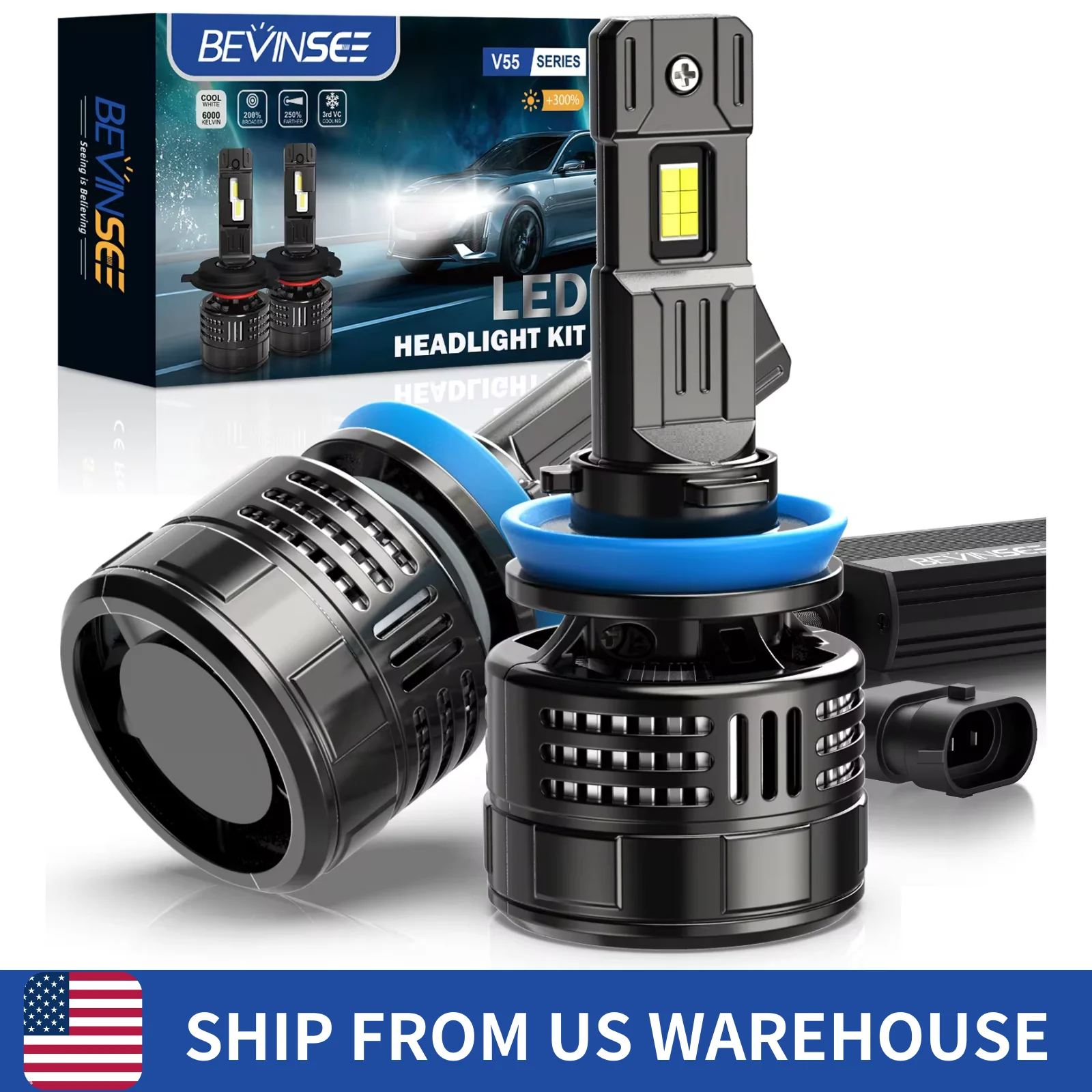 BEVINSEE V55 H11 H7 LED High Power Headlights 150W 28000LM High Bright Anti Flicker 9005 HB3 9006 HB4 LED Fog Lamps 6000K 12V led car lights led lights led headlights led car headlights car headlamps