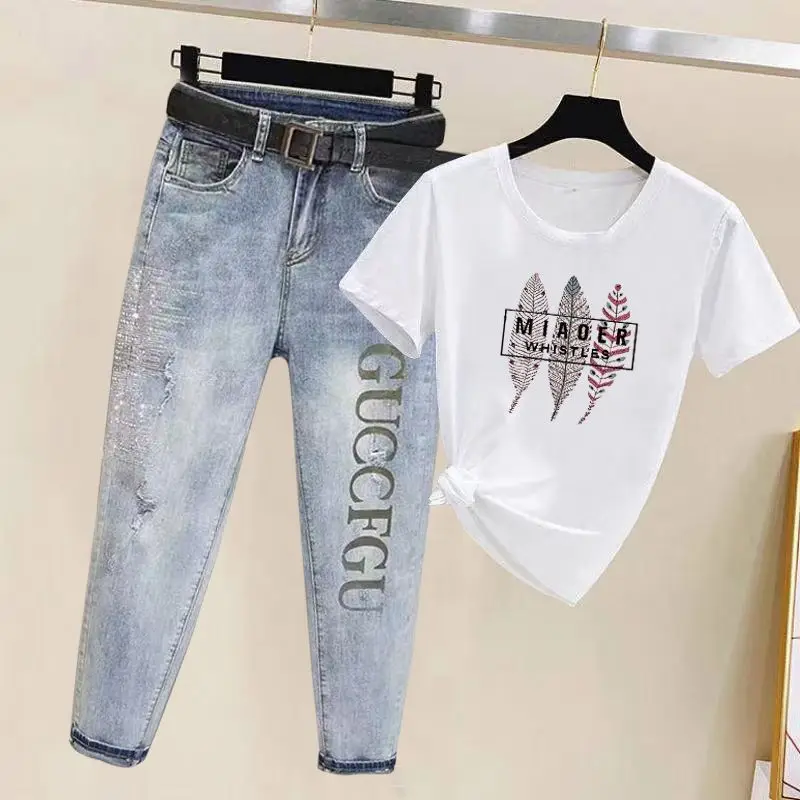 Spring/Summer 2023 New Letter Loose Slim Small Feet Haren Pants+Fashion Korean Short Sleeve T-shirt Jeans Two Piece Set