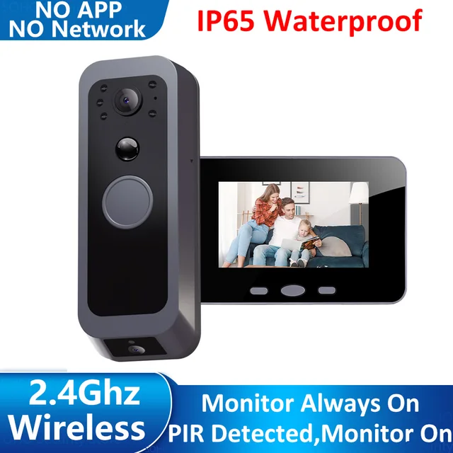 2.4Ghz Wireless Video Doorbell IP65 Outdoor Monitoring Two Way Audio Intercom Door Camera PIR Motion Detection 4' IPS Screen 1