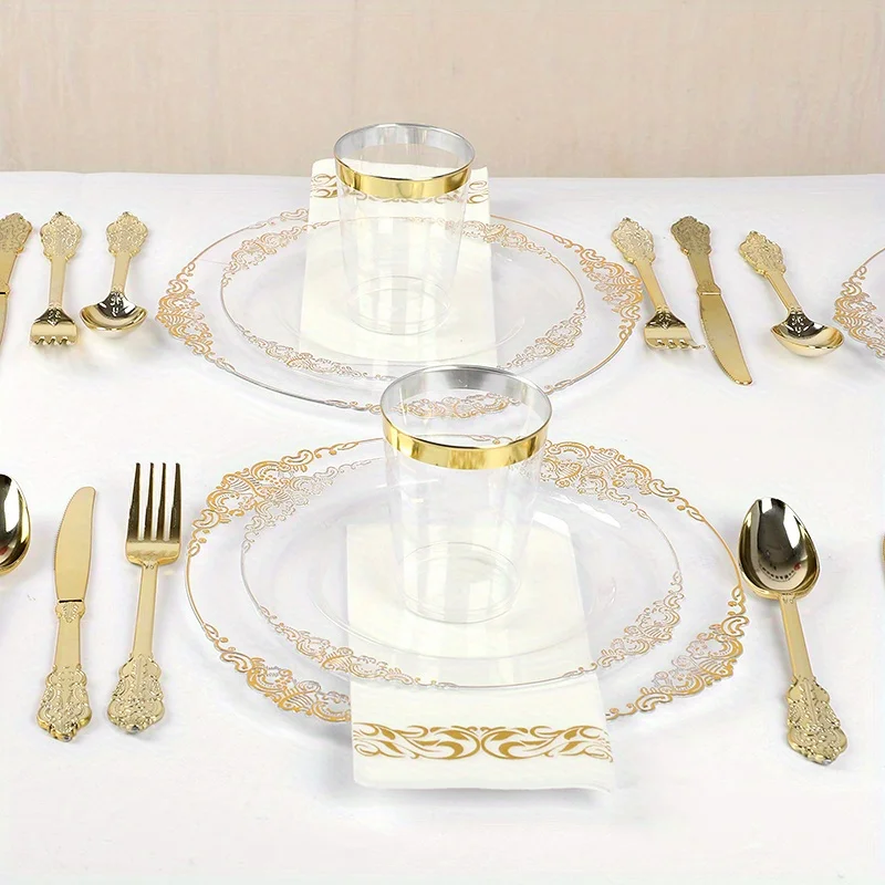 4Pcs Transparent Goldene Einweg Geschirr Goldene Besteck Teller Tassen Gabeln Messer Serviette Geburtstag Hochzeit Home Party Decor – Detail 4