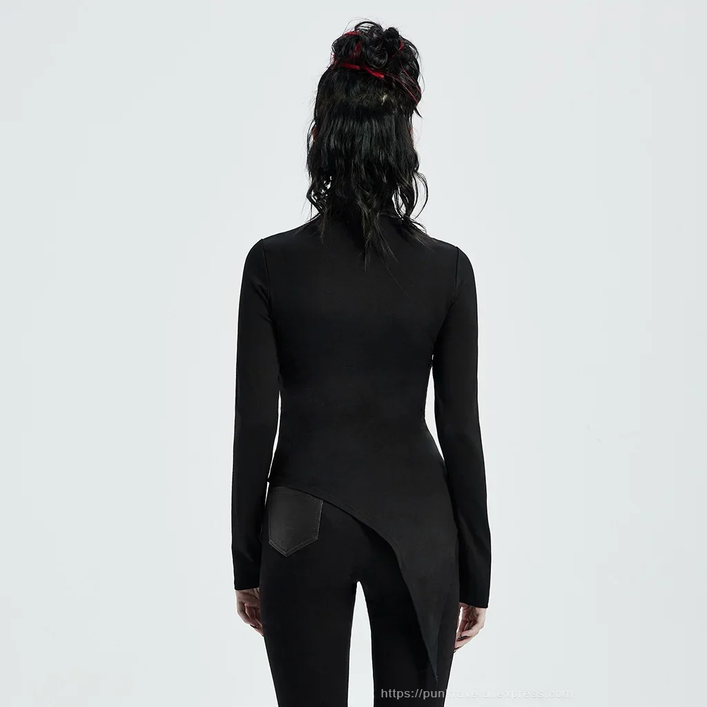 PUNK RAVE Women's Punk High Neck Church Architectural Structure T-shirt Tight Elastic Stage Performance Long Sleeve Black Tops