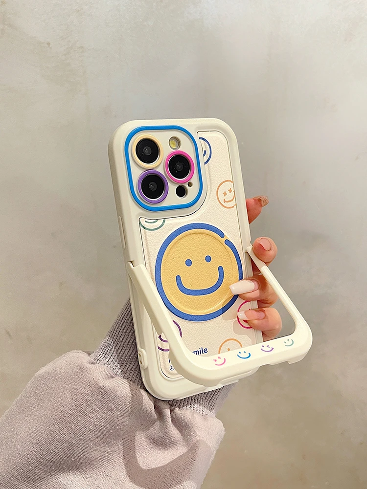 

Cartoon Smile Leather Magnetic Wireless Charge Invisible Bracket Case For iPhone 11 12 13 14 15 Pro Max Plus For Magsafe Cover