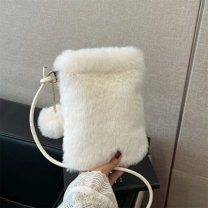 Plush Phone Bag Autumn Winter Solid Color Elegant Women's Girl Fur Hanging Rope Bag Crossbody Shoulder Bag Bolsos Para Mujer