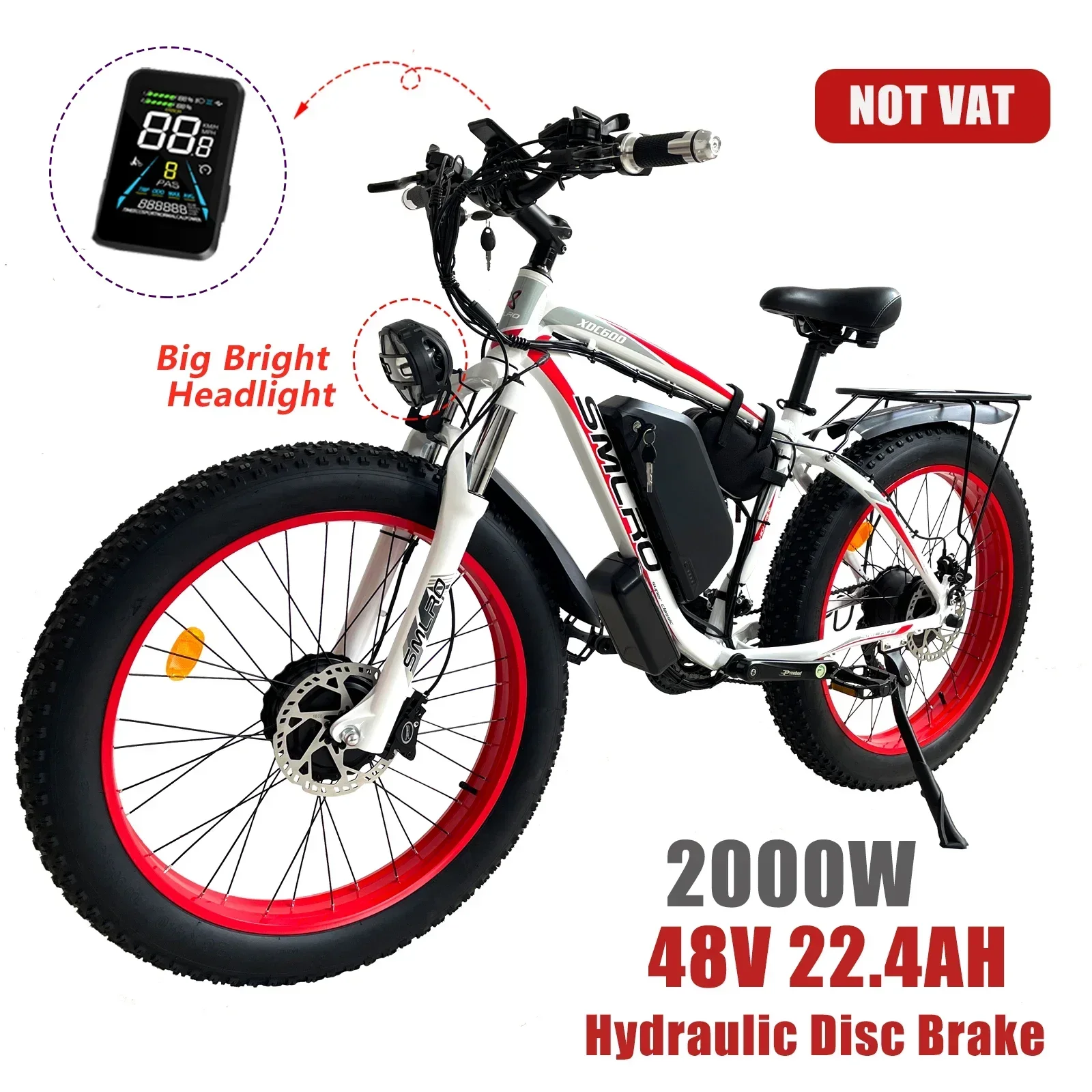 

Electric Bicycle SMLRO XDC600 21 Speed 48V22.4AH 2000W Dual Motor Electric Bike 26"*4Fat Tire Mountain City Road Communing Ebike