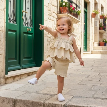 Abbigliamento per Bambine, Completo Estivo a 2 Pezzi, Top Senza Maniche a Strati Tinta Unita, Pantaloncini con Volant, Set di Abbigliamento per Bambini
