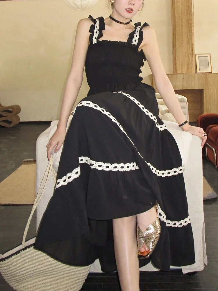 

Женское винтажное платье средней длины, элегантное черное платье без рукавов, приталенное повседневное модное кружевное офисное платье во французском стиле, лето 2024