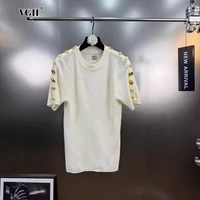 VGH Solid Color Basics Knitting Pullover for Women O Neck Short Sleeve Patcwhork Metal Buckles Temperament Summer Top Female New 1
