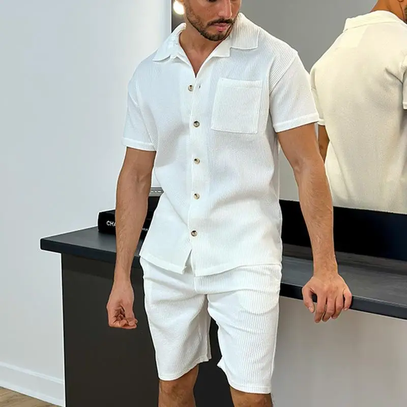 

Men'S Two-Piece Solid Color Short-Sleeved Shirt And Shorts Men'S Casual Suit