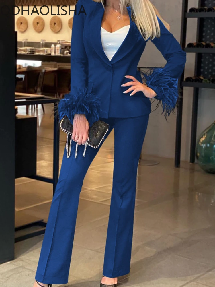 

Blazer Sets Womens 2 Piece Autumer Solid Feather Long Sleeve Fashion Casual Coat Wide Leg Pants Set New Office Lady Temperament