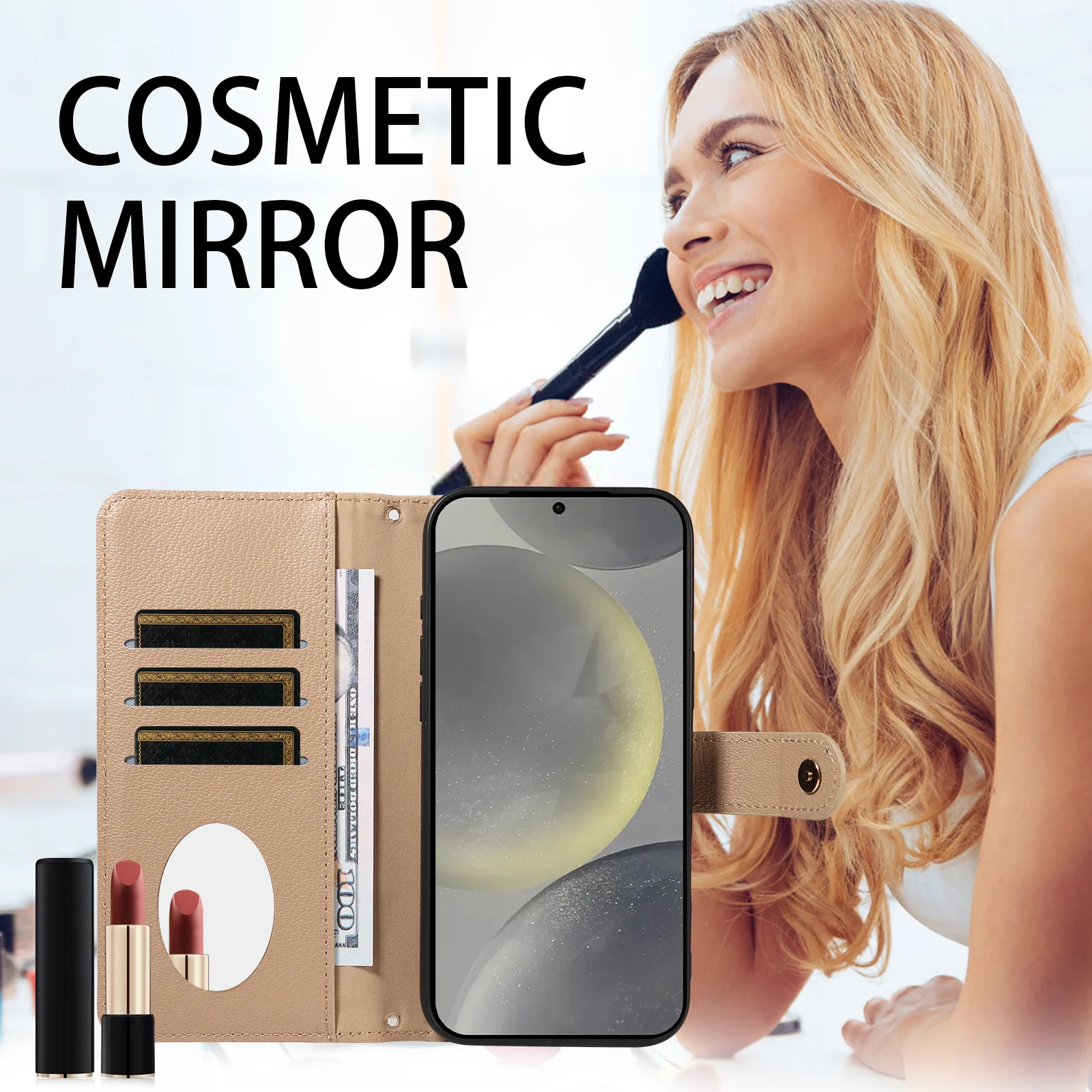 Protective Zipper Wallet Phone Case with Makeup Mirror and Crossbody Bag in Faux Leather