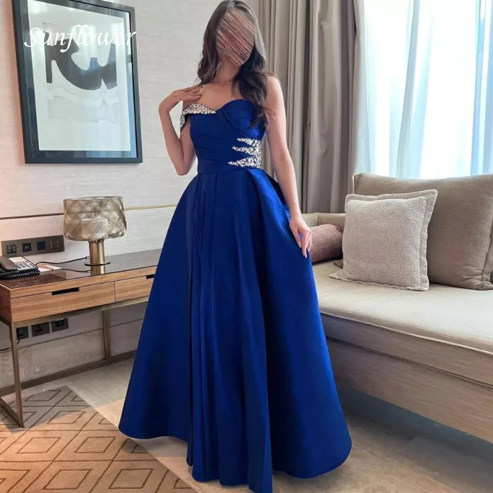 

Sunflower Blue Sweetheart Prom Gowns Ankle-Length A-LINE Evening Dress Slim Party Dress 2023 Pleat Satin High-end Custom