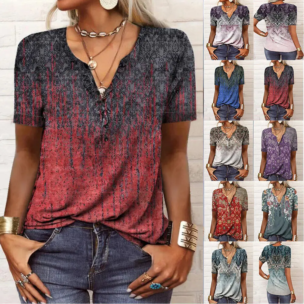 

Women Floral V-Neck Short Sleeve T Shirt Blouse Casual Loose Tunic Tops Summer Quick Dry