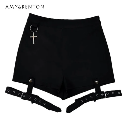 American Retro Dark Punk Women Shorts Summer New Detachable Leg Ring Cross Pendant High Waist Sexy Pantalones Cortos De Mujer